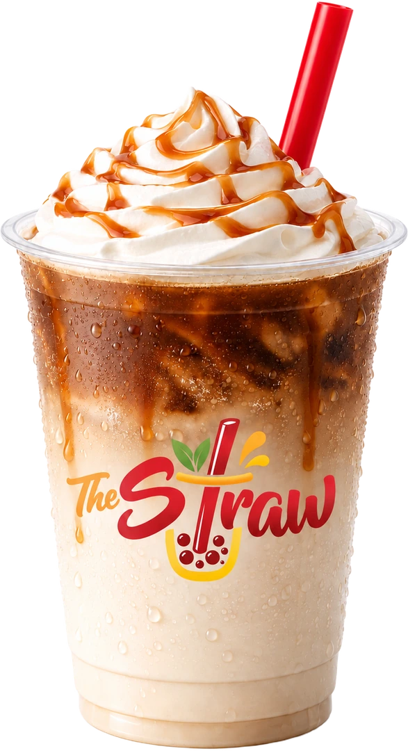 Caramel iced coffee topped with whipped cream