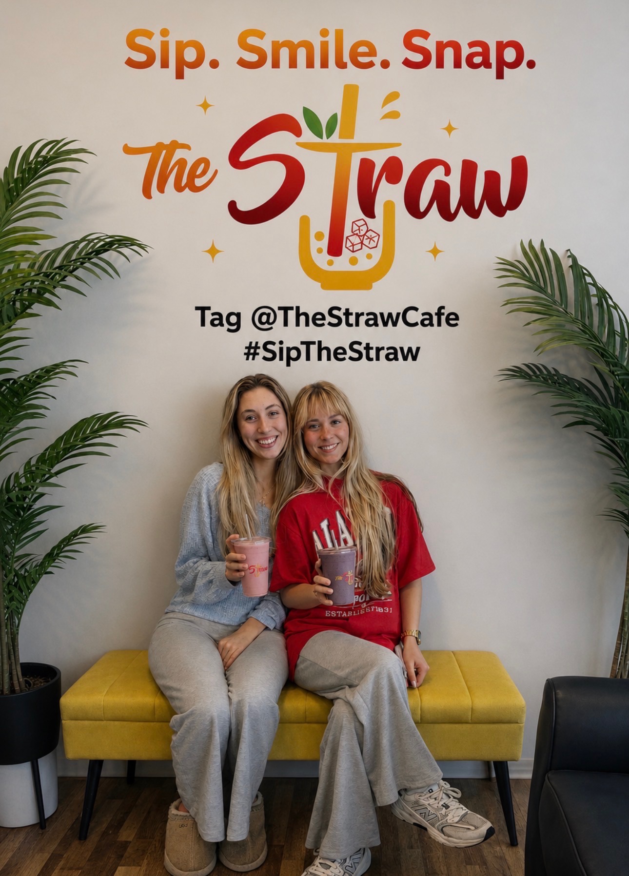 Two customers holding drinks beneath The Straw selfie wall