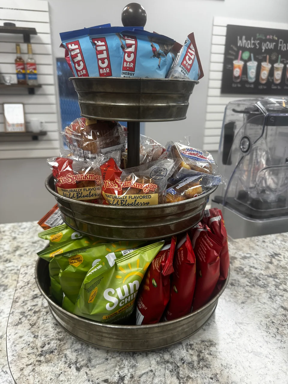 Chips, muffins, coffee cake and bars at The Straw counter