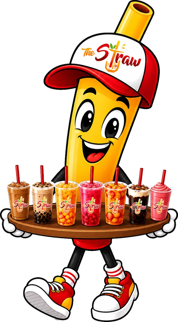 Sip the Straw holding a tray of colorful drinks